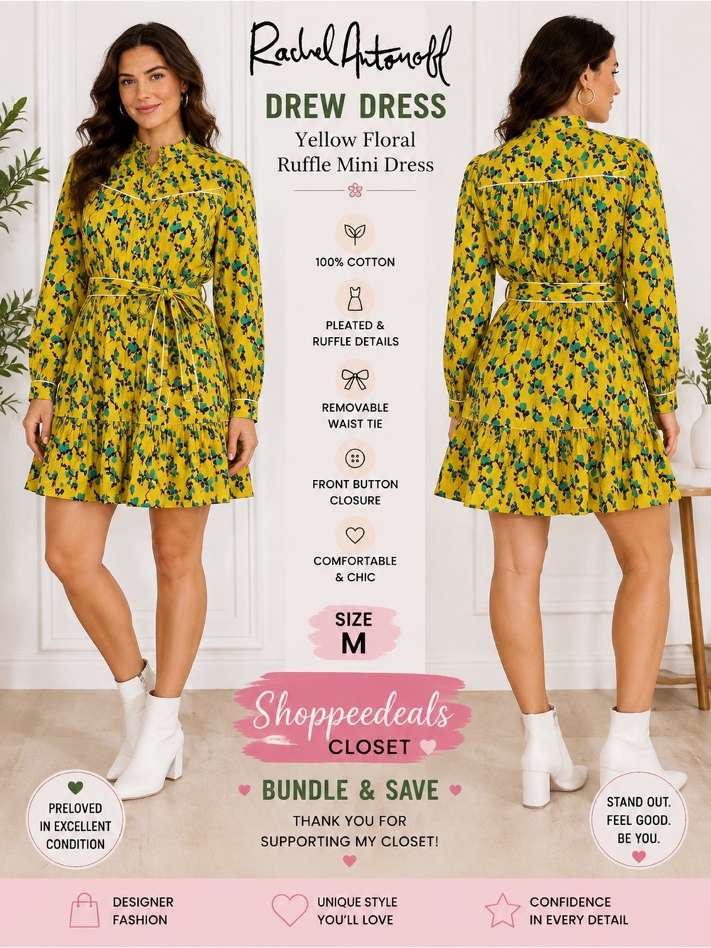 Rachel Antonoff Drew Dress – Floral Print – Long Sleeve Mini Dress – Size M